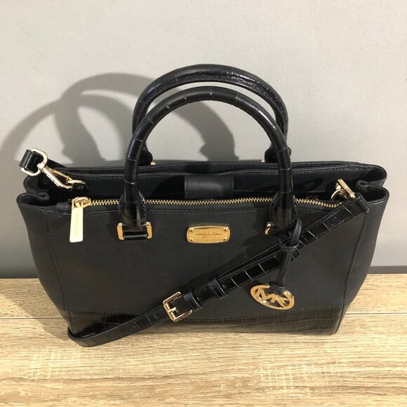 Michael Kors Kellen Black Embossed Leather Medium Satchel Luggage Handbag - Picture 6 of 16